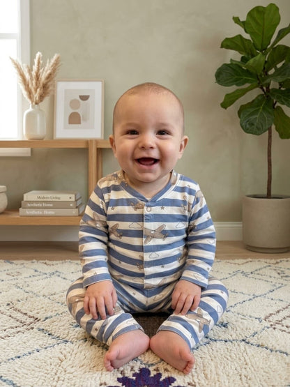 Blue Striped Aeroplane Baby 2-Piece Thermal Set