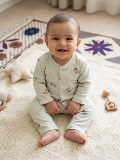 Sage Green Bear Printed Baby 2-Piece Pajama Set