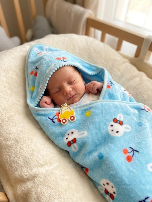 Sky Blue Bunny & Cherry Hooded Plush Baby Blanket