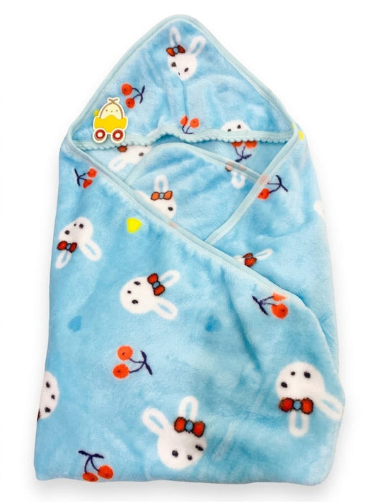 Sky Blue Bunny & Cherry Hooded Plush Baby Blanket