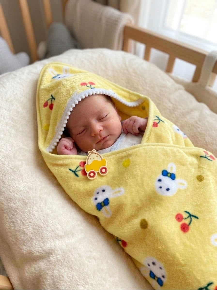 Yellow Bunny & Cherry Hooded Plush Baby Blanket