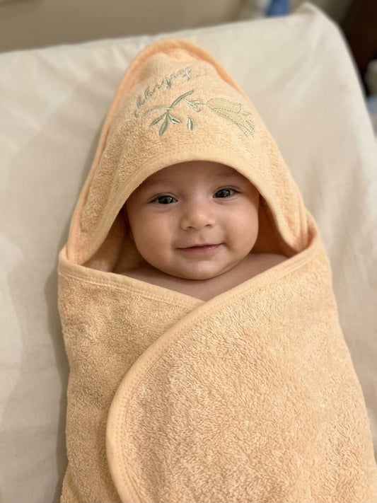 Peach Botanical Embroidered Baby Hooded Bath Towel
