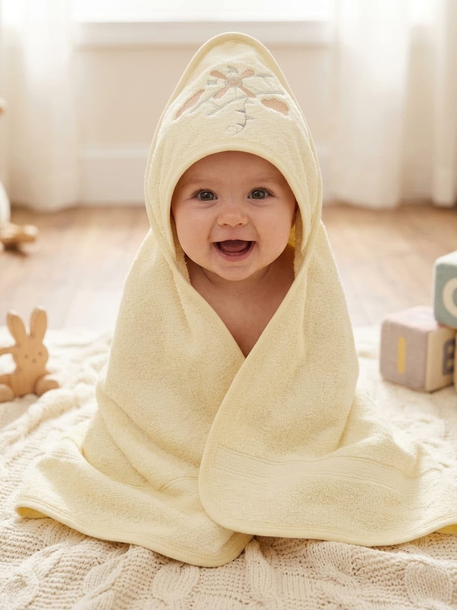 Cream Floral Embroidered Baby Hooded Bath Towel