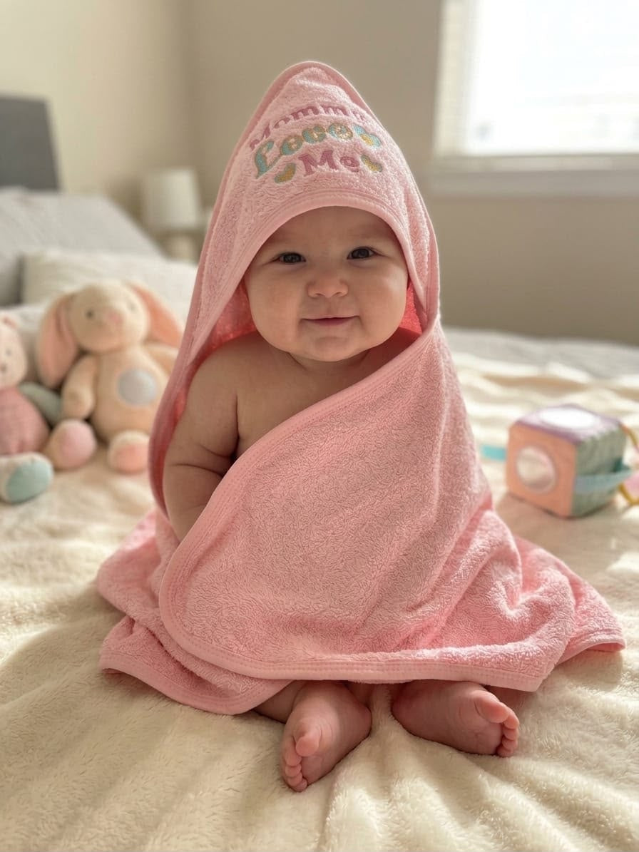 Pink Embroidered Baby Hooded Bath Towel