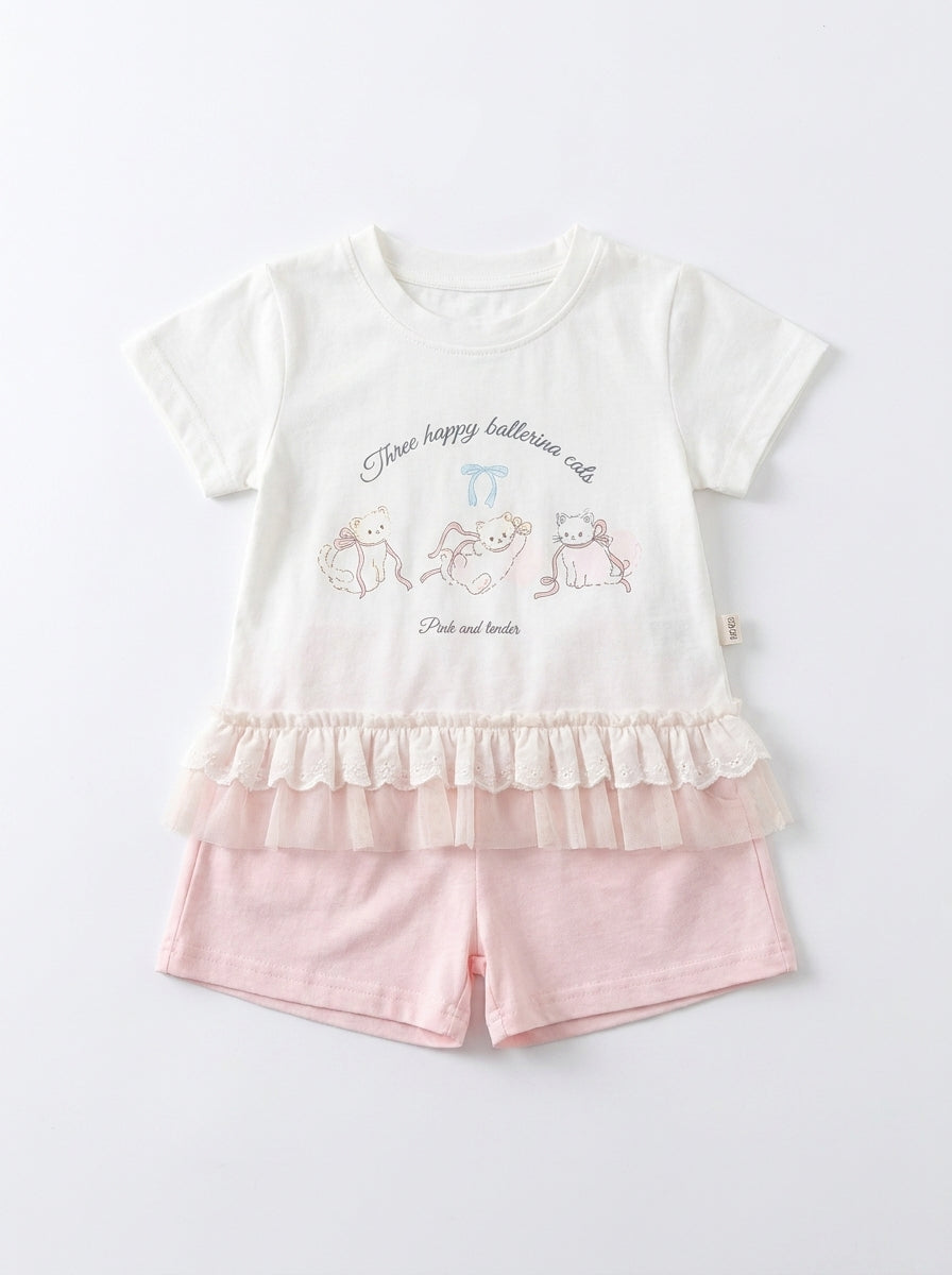 Happy Cats 2-Piece Premium Cotton Ruffle T-Shirt & Shorts Set