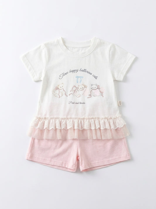 Happy Cats 2-Piece Premium Cotton Ruffle T-Shirt & Shorts Set