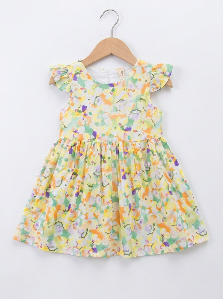 Watercolor Floral Yellow Premium Cotton Summer Frock with Ruffle Sleeves