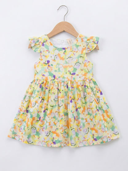 Watercolor Floral Yellow Premium Cotton Summer Frock with Ruffle Sleeves