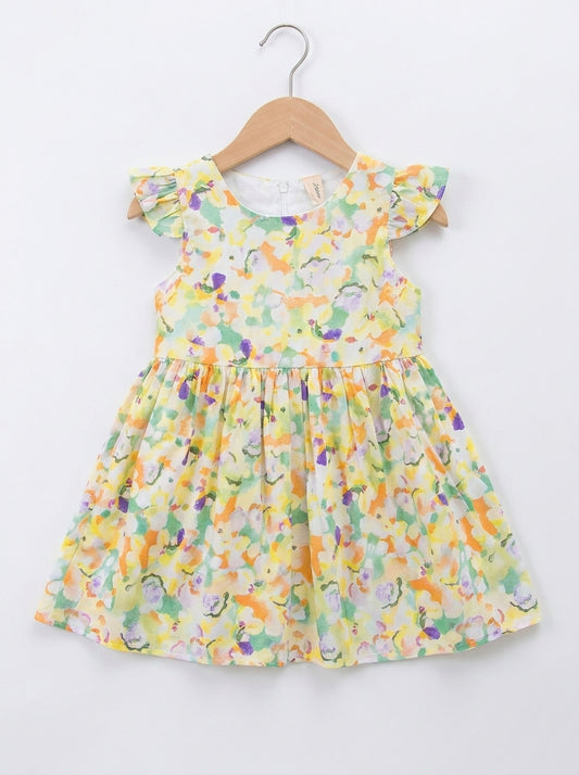 Watercolor Floral Yellow Premium Cotton Summer Frock with Ruffle Sleeves
