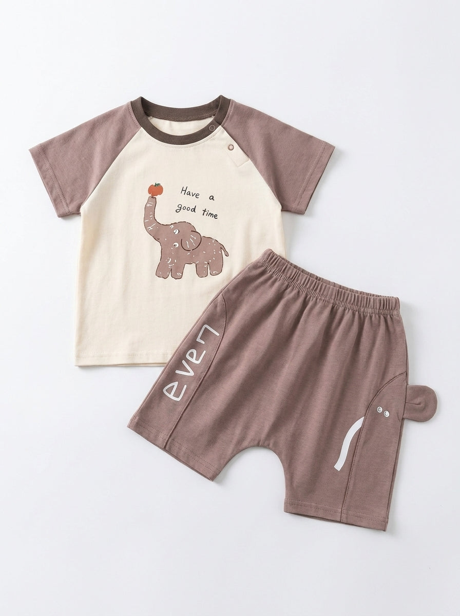 Yibeiwa Have a Good Time Elephant 2-Piece Premium Cotton Tee & Harem Shorts Set