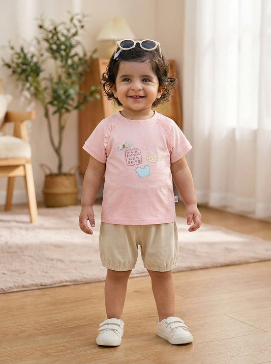 Sunshine Pink Cherry 2-Piece Premium Soft Cotton Tee & Bloomer Shorts Set