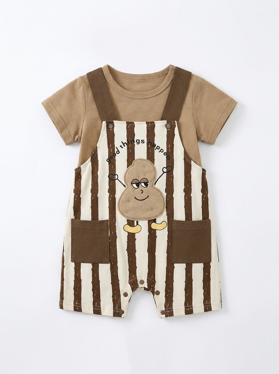 Striped Premium Cotton Tee & Dungaree Overalls Romper Set