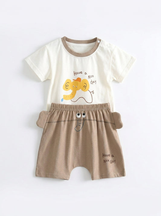 Yibeiwa Have a Nice Day Elephant 2-Piece Premium Cotton Tee & Harem Shorts Set