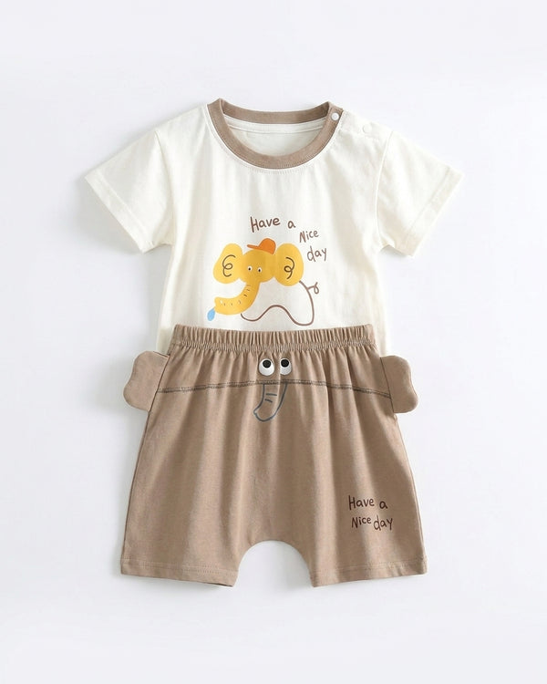 Yibeiwa Have a Nice Day Elephant 2-Piece Premium Cotton Tee & Harem Shorts Set