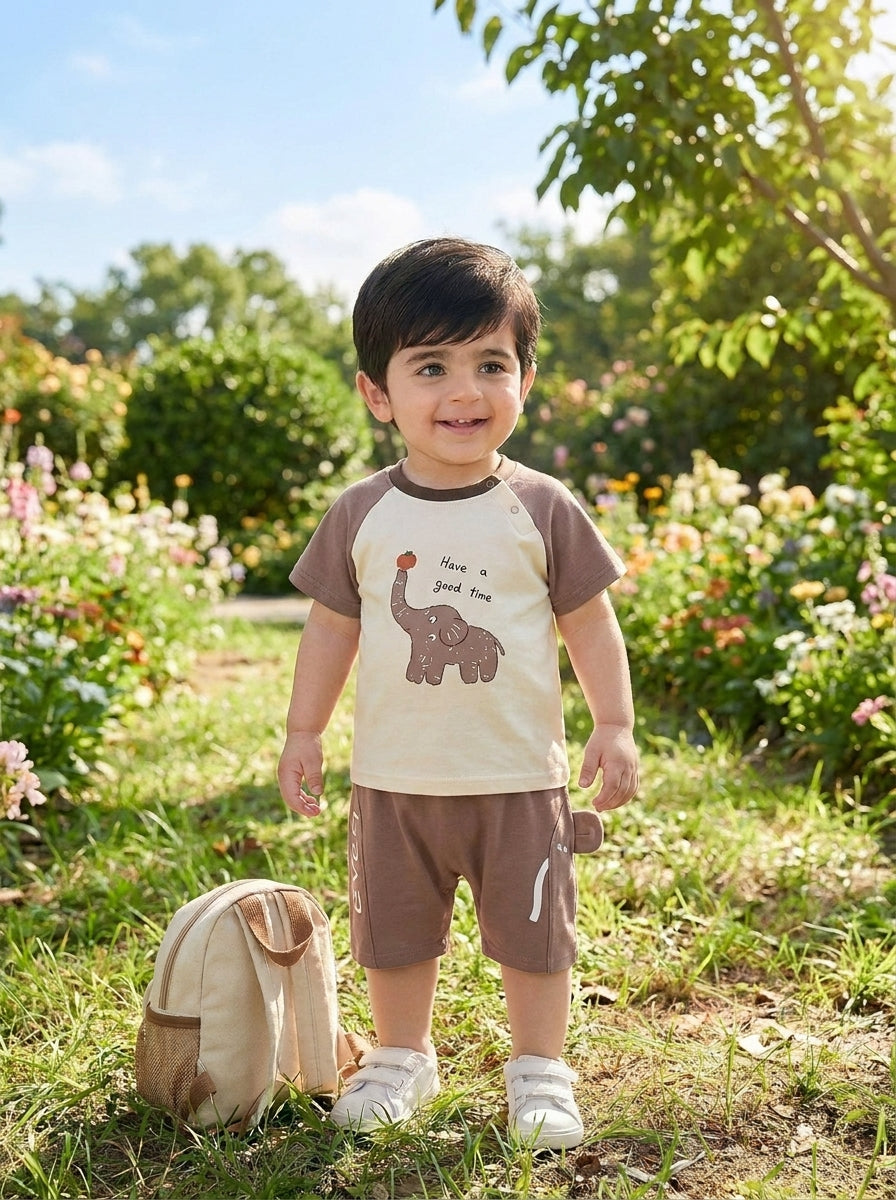 Yibeiwa Have a Good Time Elephant 2-Piece Premium Cotton Tee & Harem Shorts Set